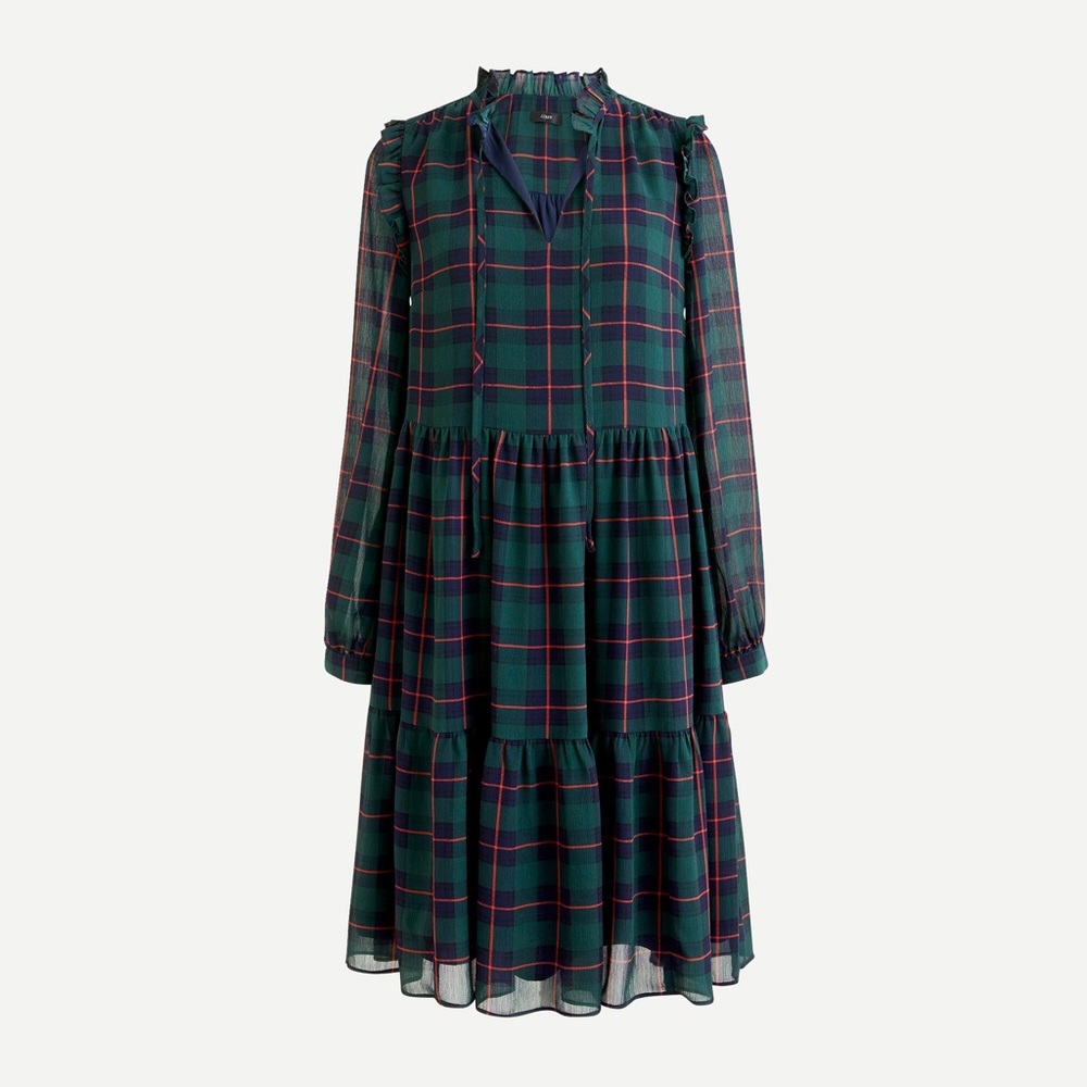 JCrew Tie-neck tiered dress in Black Watch tartan | Green Plaid